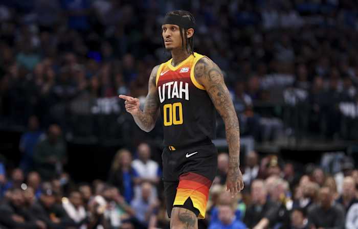 Utah Jazz guard Jordan Clarkson (00) reacts against the Dallas Mavericks during the second quarter in game two of the first round of the 2022 NBA playoffs at American Airlines Center.